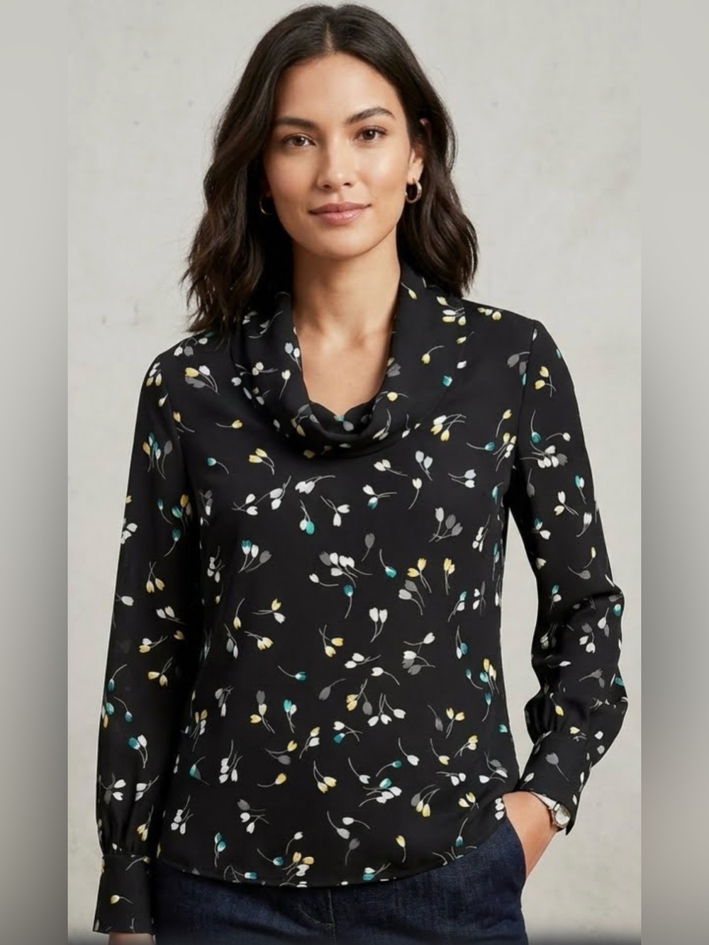 Banana Republic Women's Black Floral Cowl-Neck Long Sleeve Silk-Feel Top Size L